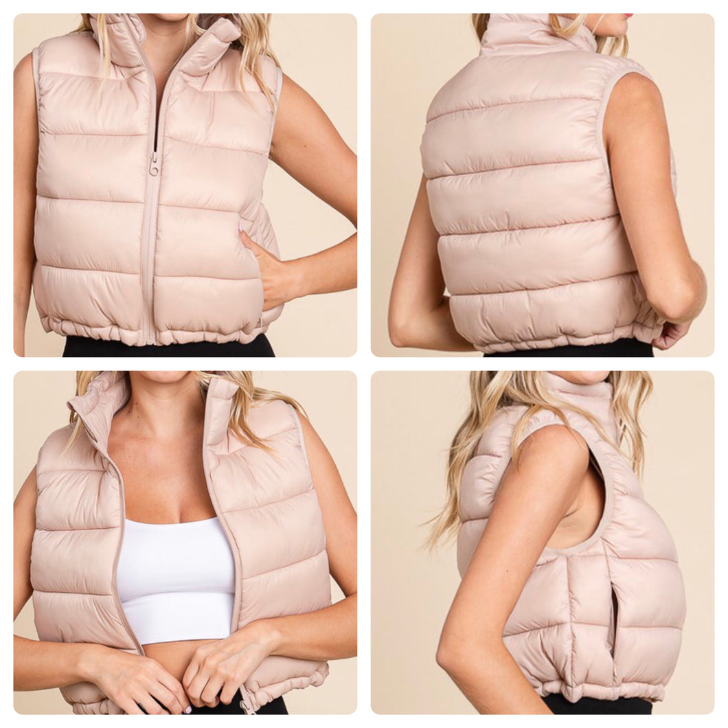 Mocha High Neck Zipper Puffer Vest